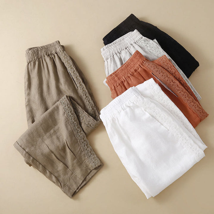 Pantalon en lin uni avec broderie florale sur le côté et poches pour femme avec Buddha Stones