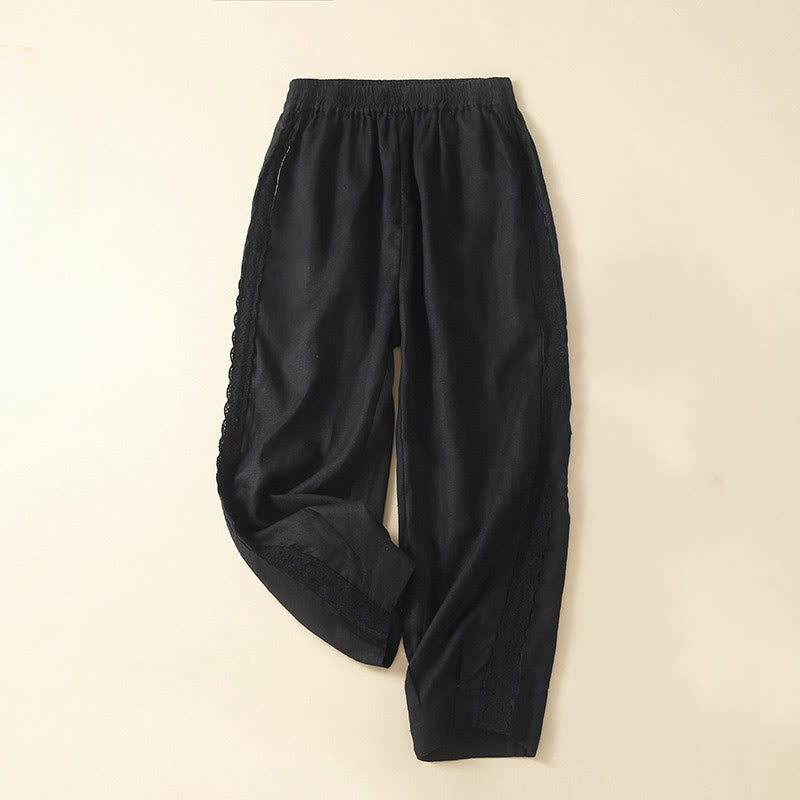 Pantalon en lin uni avec broderie florale sur le côté et poches pour femme avec Buddha Stones