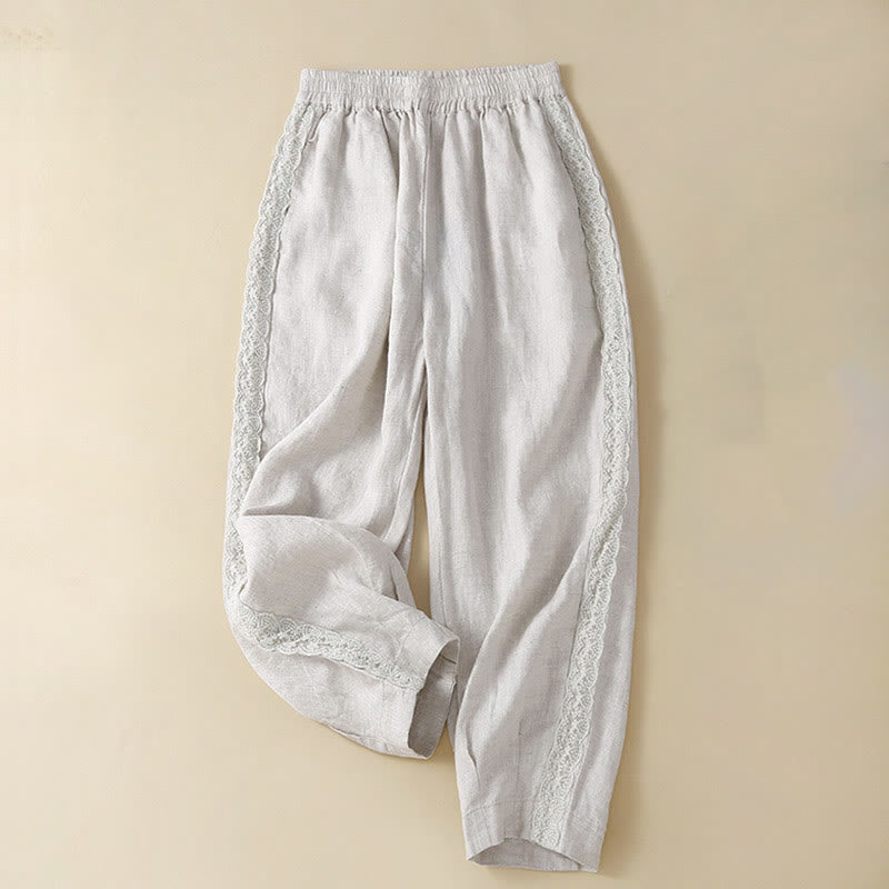 Pantalon en lin uni avec broderie florale sur le côté et poches pour femme avec Buddha Stones