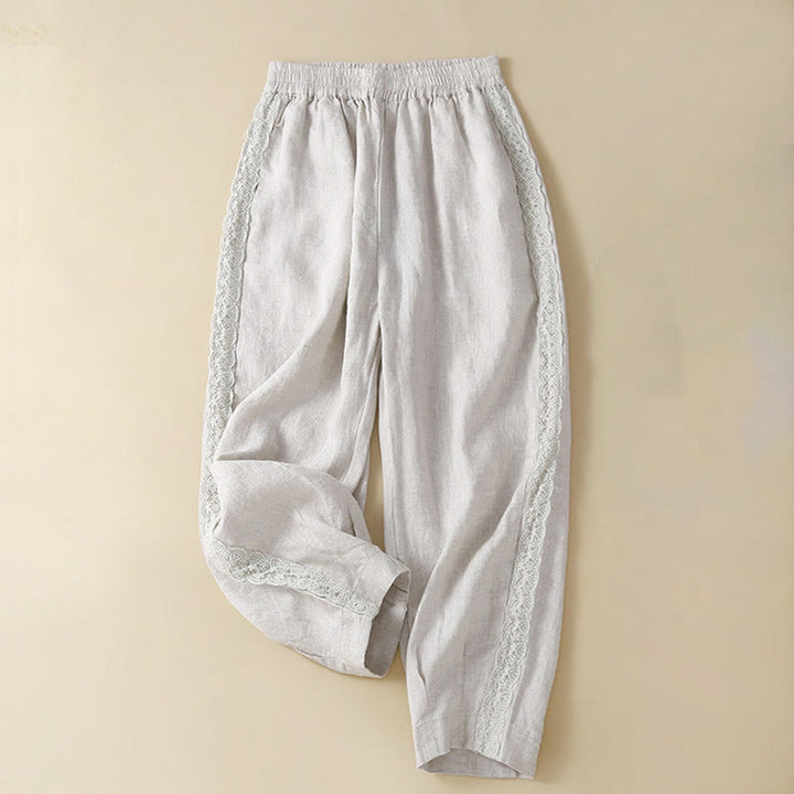 Pantalon en lin uni avec broderie florale sur le côté et poches pour femme avec Buddha Stones