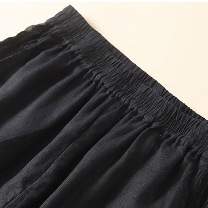 Pantalon en lin uni avec broderie florale sur le côté et poches pour femme avec Buddha Stones