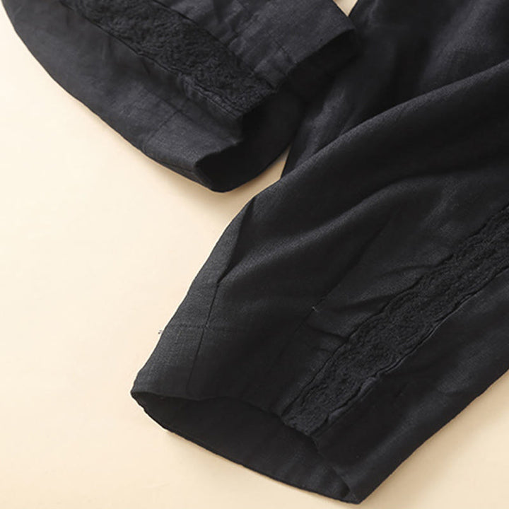 Pantalon en lin uni avec broderie florale sur le côté et poches pour femme avec Buddha Stones