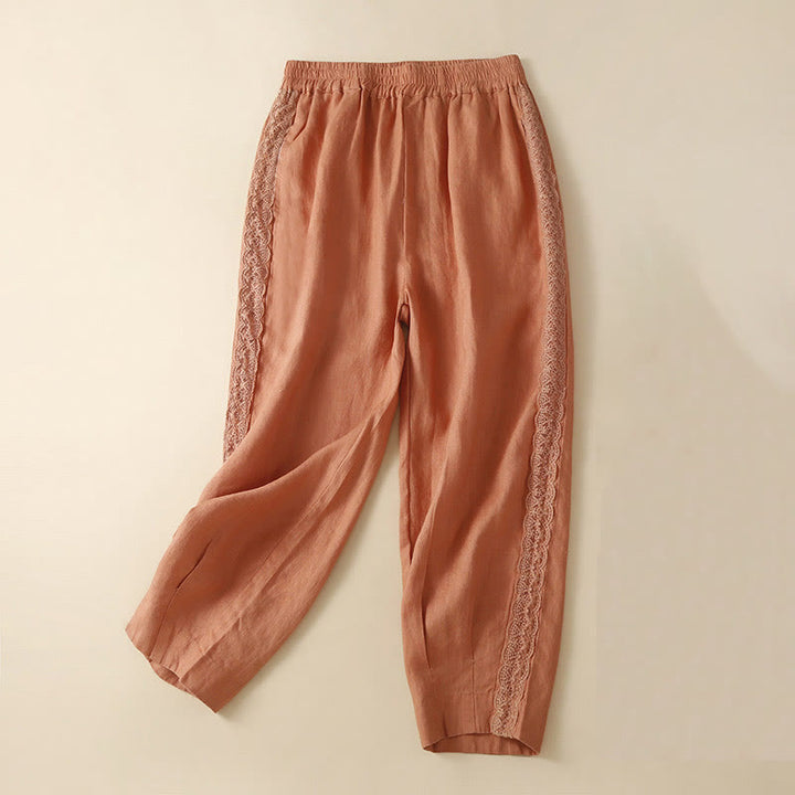 Pantalon en lin uni avec broderie florale sur le côté et poches pour femme avec Buddha Stones