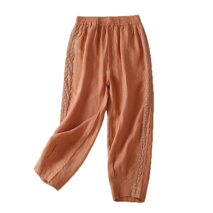 Pantalon en lin uni avec broderie florale sur le côté et poches pour femme avec Buddha Stones