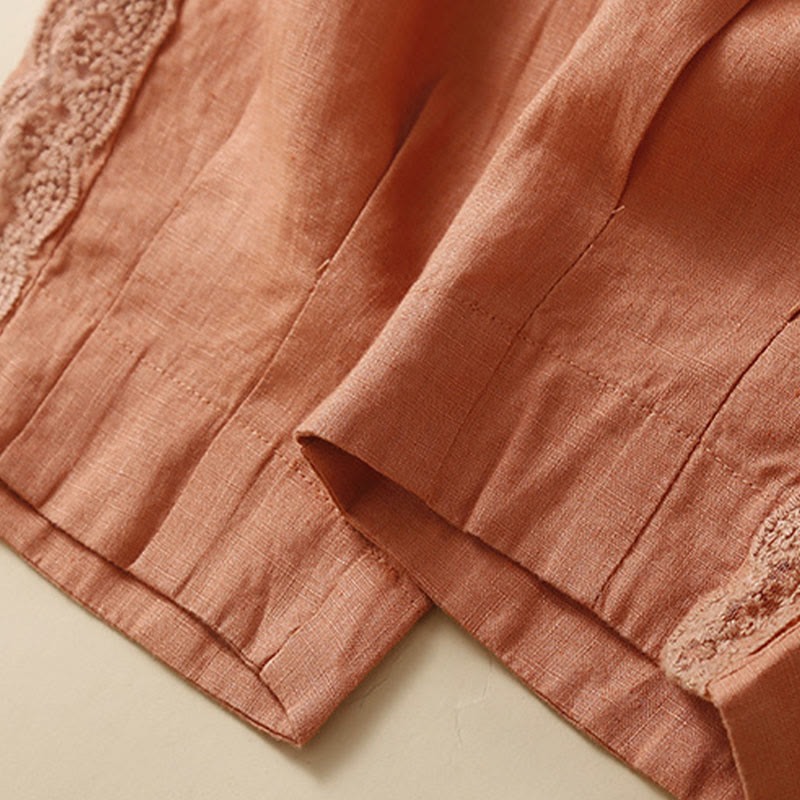 Pantalon en lin uni avec broderie florale sur le côté et poches pour femme avec Buddha Stones