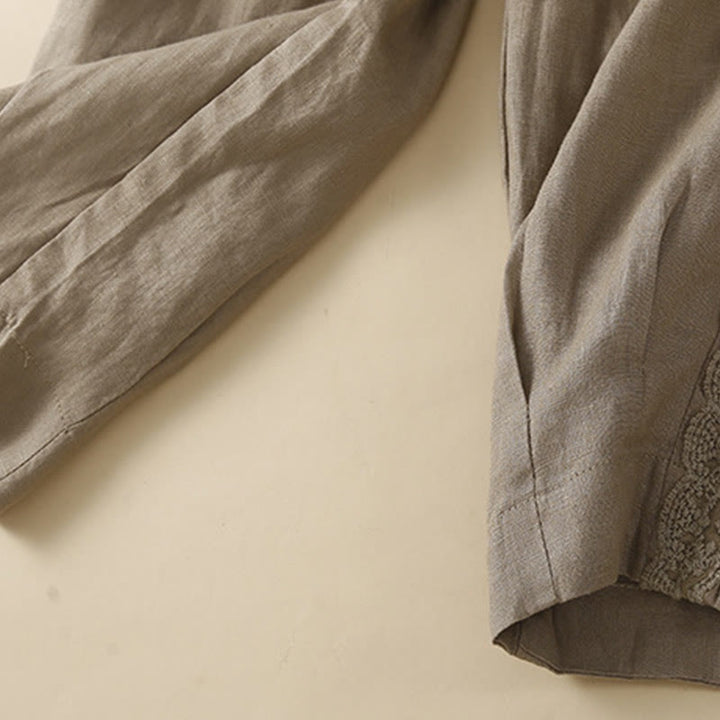 Pantalon en lin uni avec broderie florale sur le côté et poches pour femme avec Buddha Stones