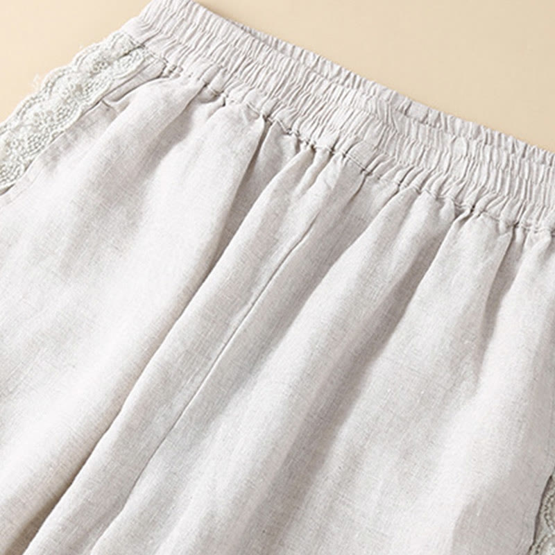 Pantalon en lin uni avec broderie florale sur le côté et poches pour femme avec Buddha Stones