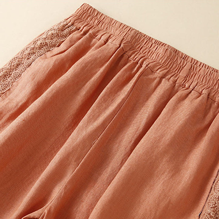 Pantalon en lin uni avec broderie florale sur le côté et poches pour femme avec Buddha Stones