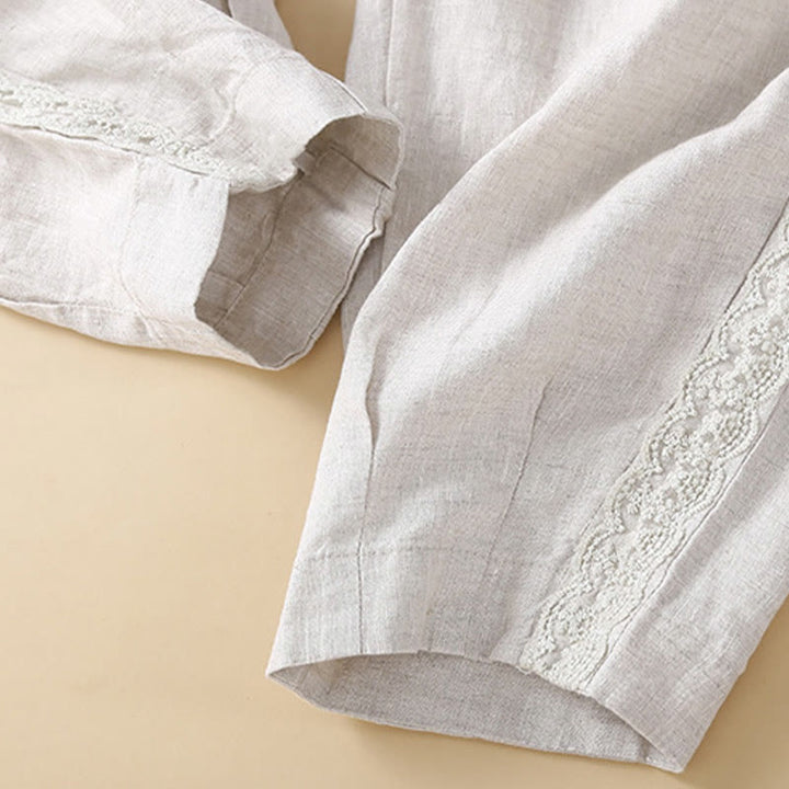 Pantalon en lin uni avec broderie florale sur le côté et poches pour femme avec Buddha Stones