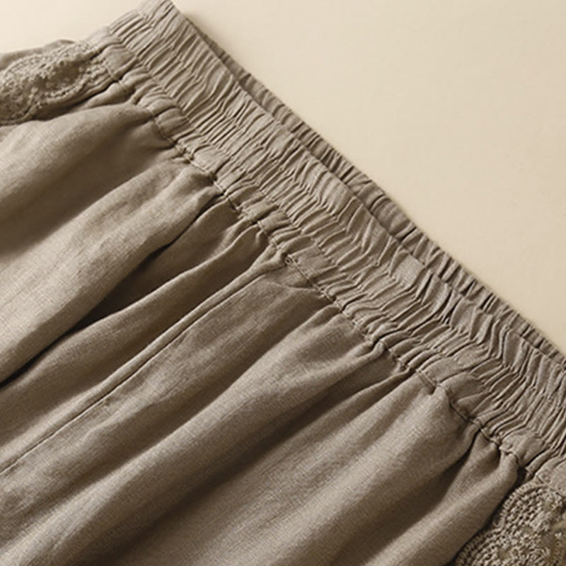 Pantalon en lin uni avec broderie florale sur le côté et poches pour femme avec Buddha Stones