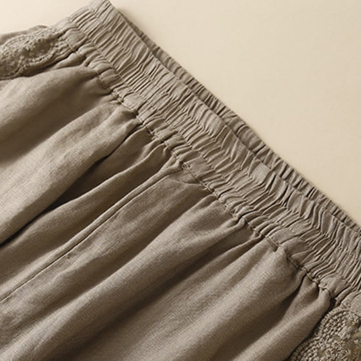 Pantalon en lin uni avec broderie florale sur le côté et poches pour femme avec Buddha Stones