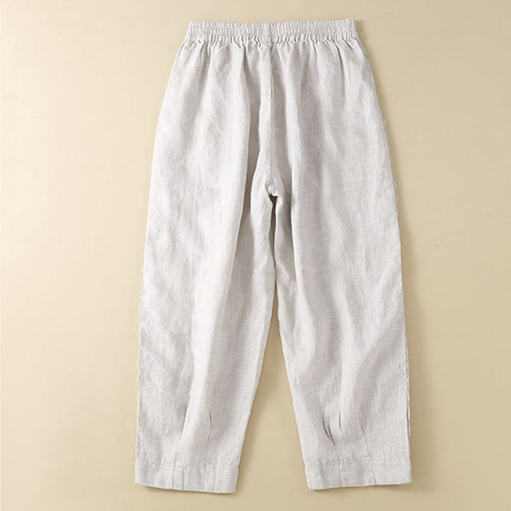 Pantalon en lin uni avec broderie florale sur le côté et poches pour femme avec Buddha Stones