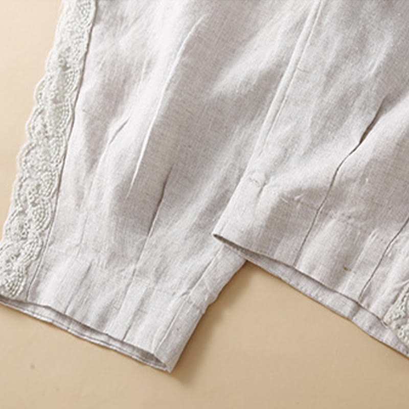 Pantalon en lin uni avec broderie florale sur le côté et poches pour femme avec Buddha Stones