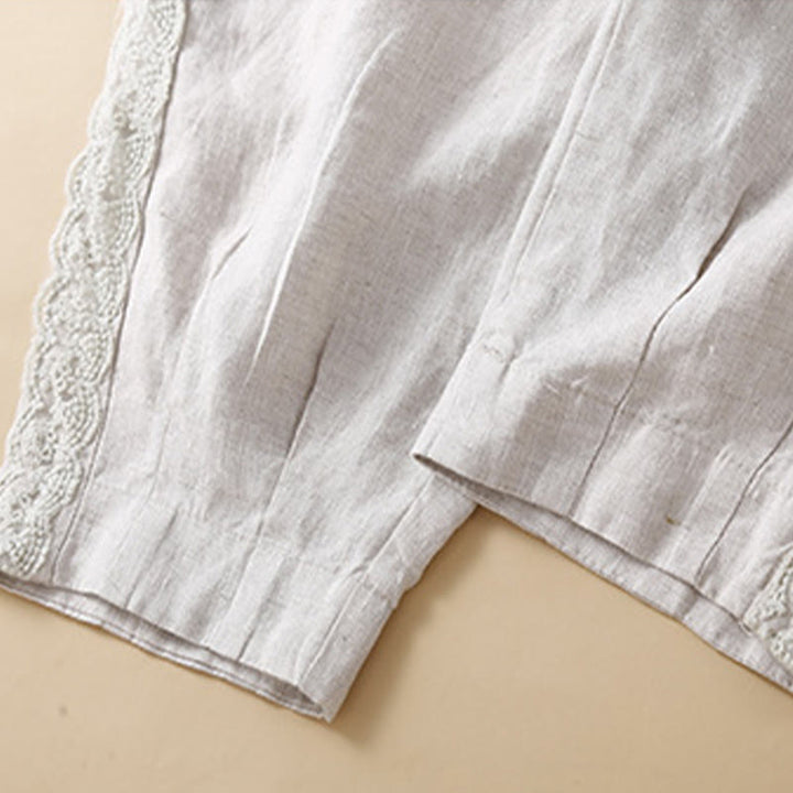 Pantalon en lin uni avec broderie florale sur le côté et poches pour femme avec Buddha Stones