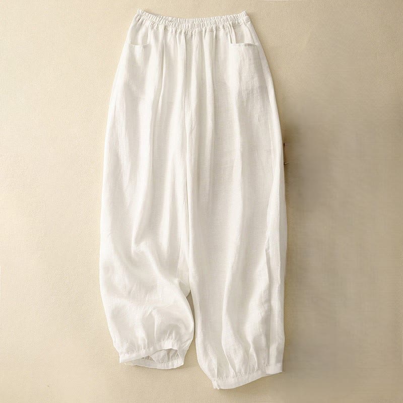 Pantalon décontracté en lin uni de couleur unie avec poches pour femme Buddha Stones - Beige - US8-10，UK/AU12-14，EU40-42 (2XL) - image 13