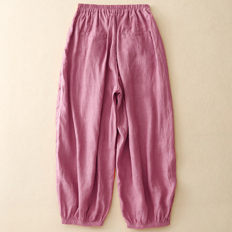 Pantalon décontracté en lin uni de couleur unie avec poches pour femme Buddha Stones - image 1
