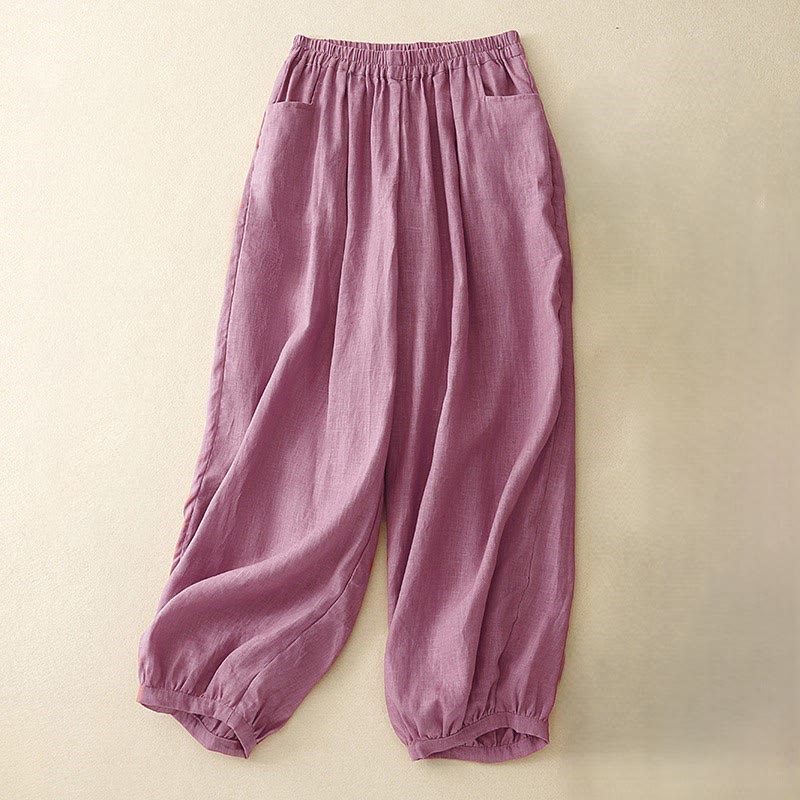 Pantalon décontracté en lin uni de couleur unie avec poches pour femme Buddha Stones - Violet pâle Rouge - US8-10，UK/AU12-14，EU40-42 (2XL) - image 0