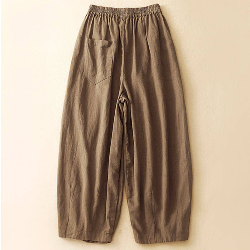 Pantalon pour femme en coton et lin avec poches et ceinture élastique de type carotte de couleur unie Buddha Stones - image 1
