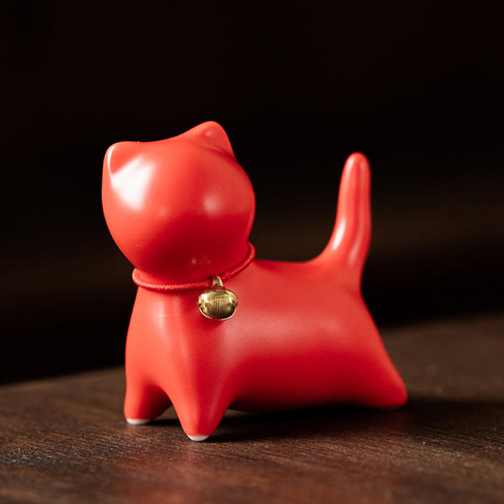 Figurine de chat couché debout en forme de mini Buddha Stones en pierre en céramique pour décoration de bureau - Chat debout 5*2,5*4,5 cm - Rouge - image 14