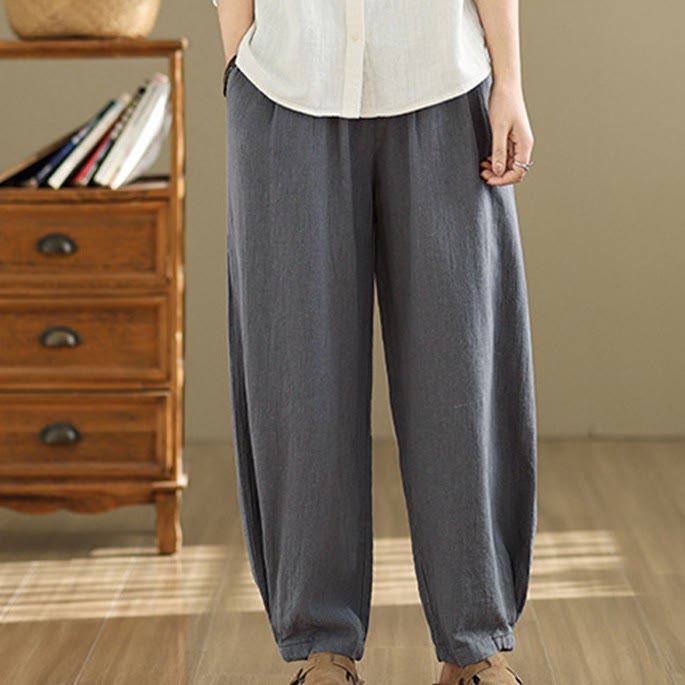 Pantalon décontracté en coton et lin pour femme avec poches et taille élastique fuselée de couleur unie Buddha Stones - image 1