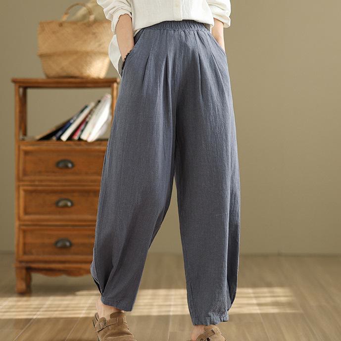 Pantalon décontracté en coton et lin pour femme avec poches et taille élastique fuselée de couleur unie Buddha Stones