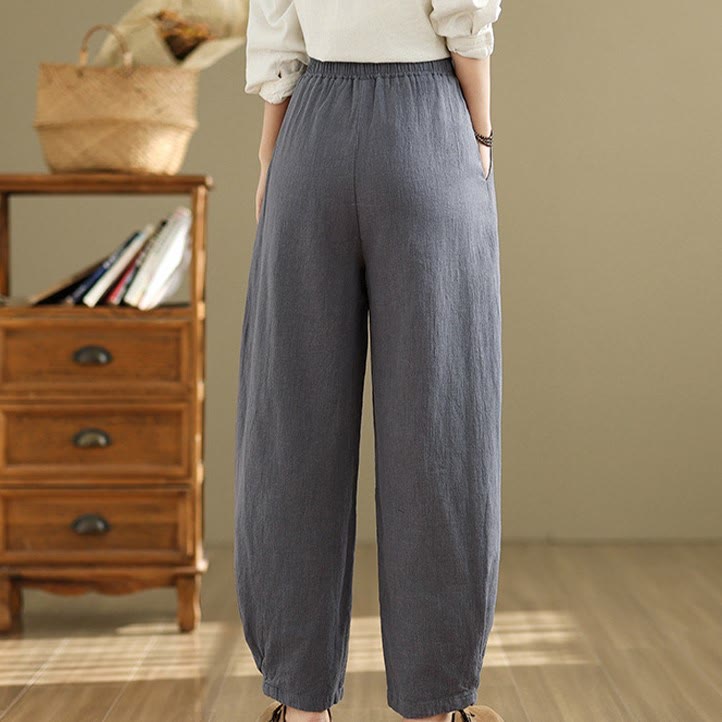 Pantalon décontracté en coton et lin pour femme avec poches et taille élastique fuselée de couleur unie Buddha Stones