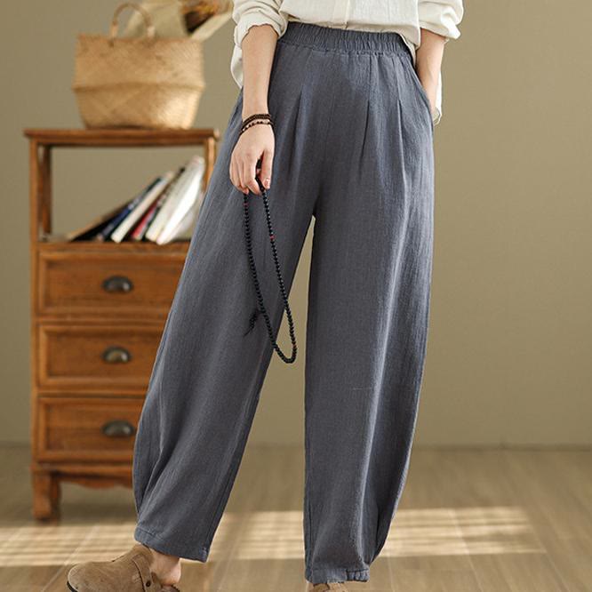 Pantalon décontracté en coton et lin pour femme avec poches et taille élastique fuselée de couleur unie Buddha Stones
