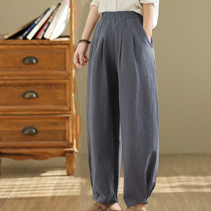 Pantalon décontracté en coton et lin pour femme avec poches et taille élastique fuselée de couleur unie Buddha Stones