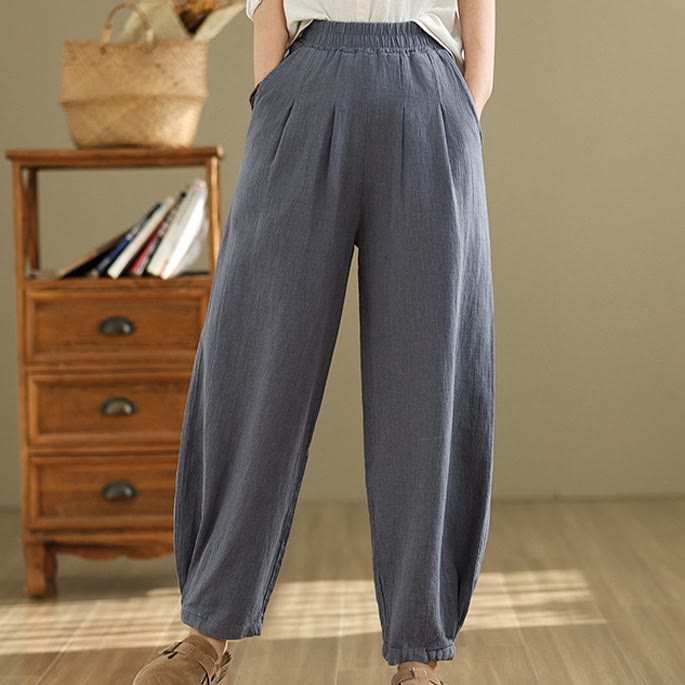 Pantalon décontracté en coton et lin pour femme avec poches et taille élastique fuselée de couleur unie Buddha Stones