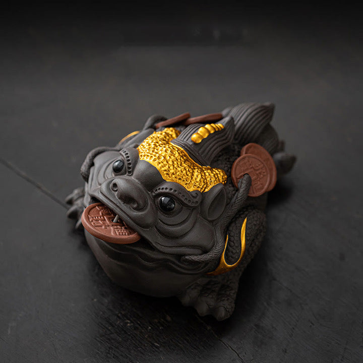 Buddha Stones Feng Shui Grenouille Crapaud Pièces de cuivre Céramique Argile violette Richesse Maison Thé Figurine pour animaux de compagnie Décoration - Crapaud doré 11*8*6,3 cm - image 1