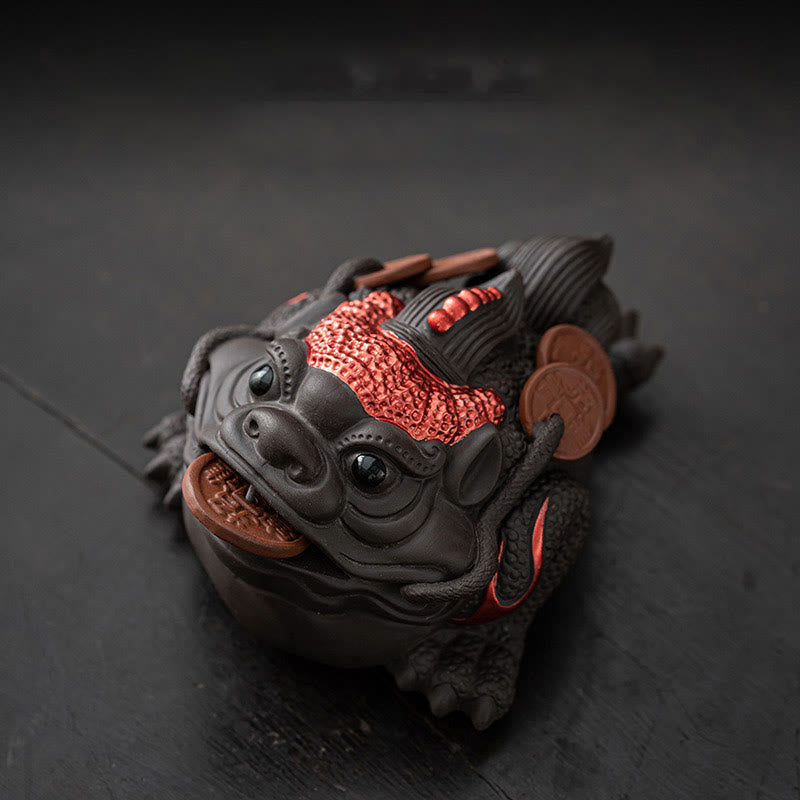 Buddha Stones Feng Shui Grenouille Crapaud Pièces de cuivre Céramique Argile violette Richesse Maison Thé Figurine pour animaux de compagnie Décoration - Crapaud rouge 11*8*6,3 cm - image 11