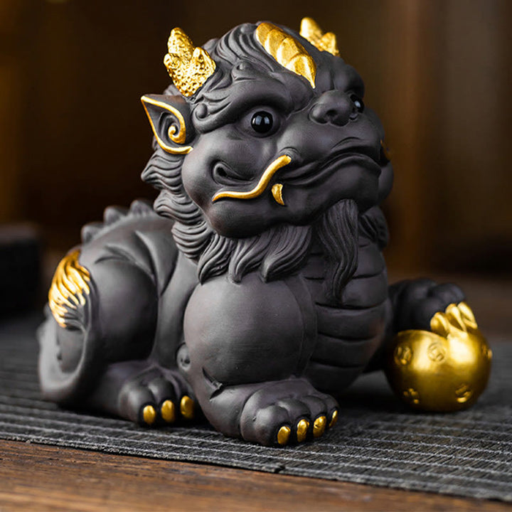 Buddha Stones PiXiu Lingot Boule Argile Violette Céramique Thé Animal Richesse Maison Figurine Décoration - Boule dorée Pixiu 11,5 x 7,5 x 10 cm - image 9