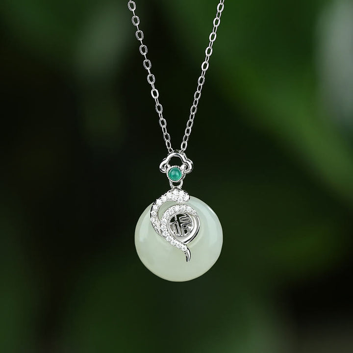 Buddha Stones Collier pendentif porte-bonheur en argent sterling 925 avec boucle de paix en jade Hetian et caractère Fu de l'année du serpent
