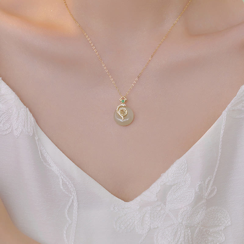 Buddha Stones Collier pendentif porte-bonheur en argent sterling 925 avec boucle de paix en jade Hetian et caractère Fu de l'année du serpent