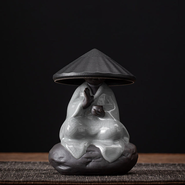 Buddha Stones Petit Chapeau de Moine Zen Passoire Accessoires de Thé en Céramique Figurine Décoration de la Maison - Passoire à chapeau noir Monk à motif craquelé 9*12,2 cm - image 14
