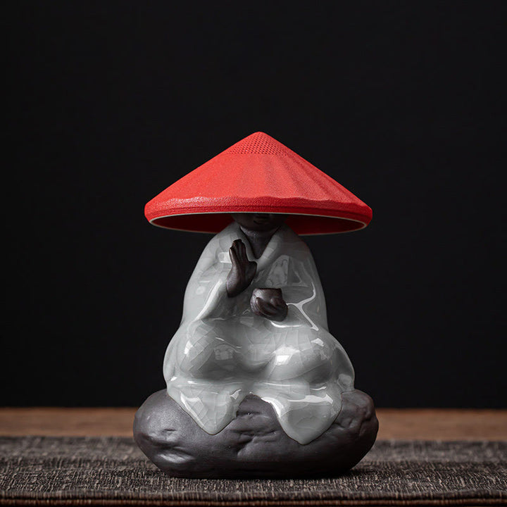 Buddha Stones Petit Chapeau de Moine Zen Passoire Accessoires de Thé en Céramique Figurine Décoration de la Maison - Passoire à chapeau rouge Monk à motif craquelé 9*12,2 cm - image 24