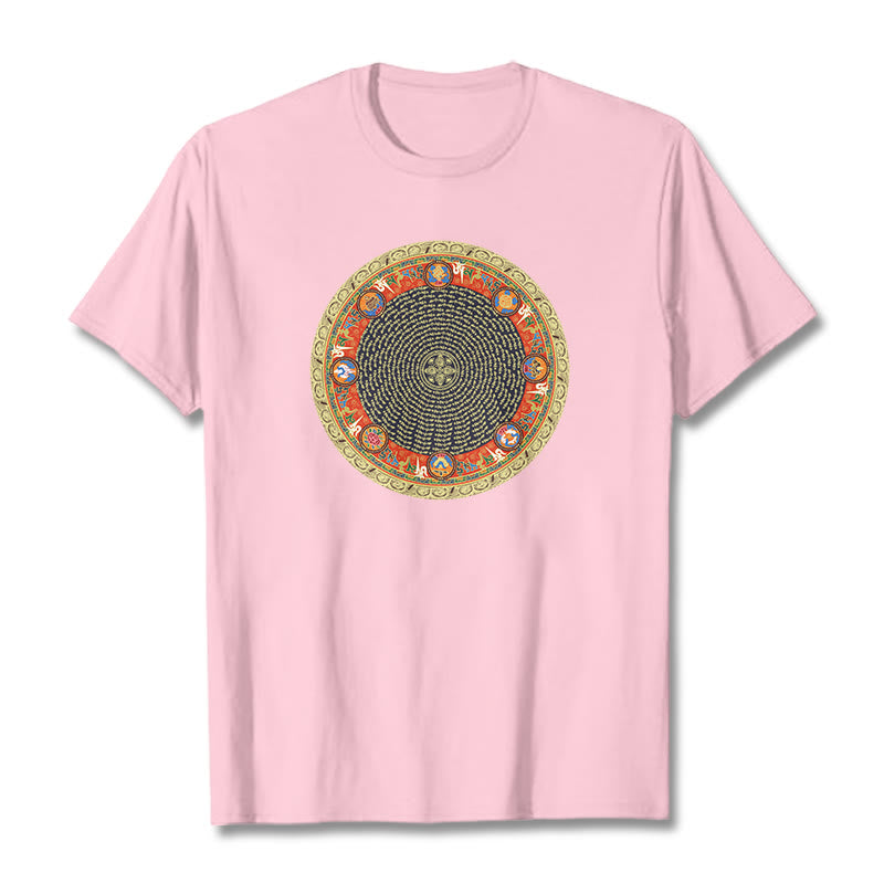 T-shirt en coton avec huit symboles de bon augure et Buddha Stones circulaires Om Mani Padme Hum - Rose clair - 2XL - image 18