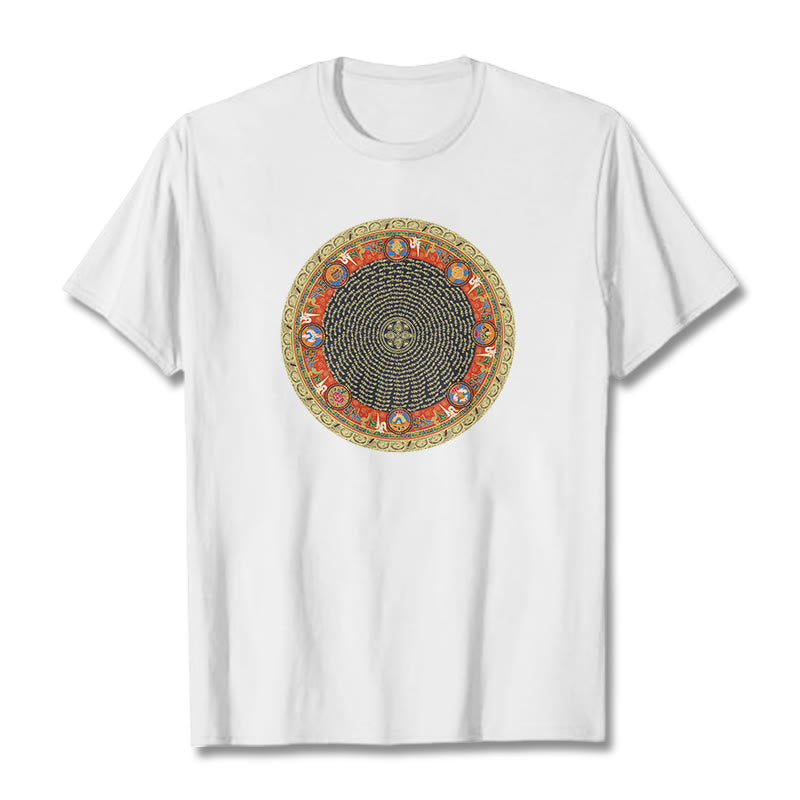 T-shirt en coton avec huit symboles de bon augure et Buddha Stones circulaires Om Mani Padme Hum