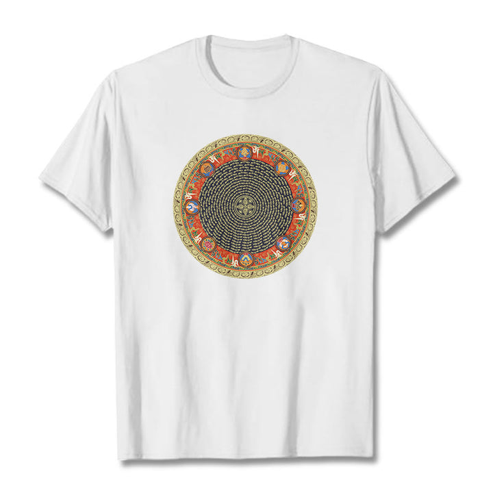 T-shirt en coton avec huit symboles de bon augure et Buddha Stones circulaires Om Mani Padme Hum