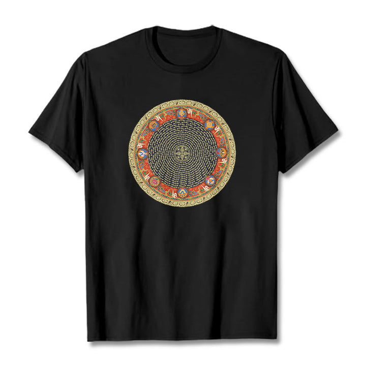 T-shirt en coton avec huit symboles de bon augure et Buddha Stones circulaires Om Mani Padme Hum