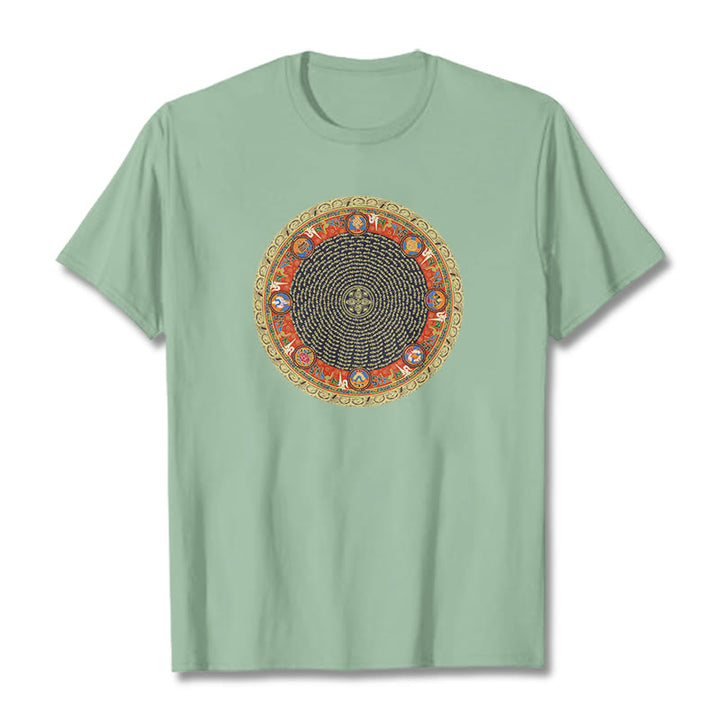 T-shirt en coton avec huit symboles de bon augure et Buddha Stones circulaires Om Mani Padme Hum