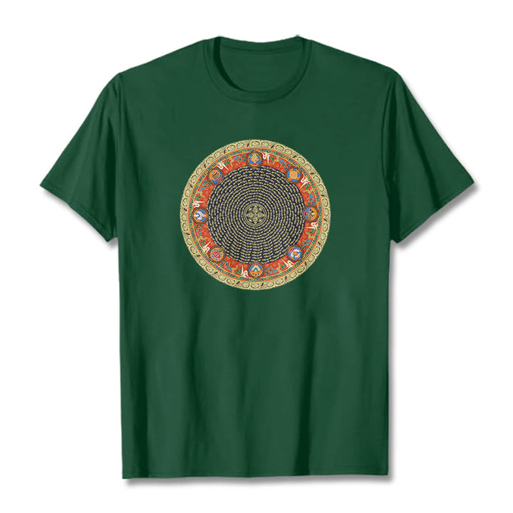 T-shirt en coton avec huit symboles de bon augure et Buddha Stones circulaires Om Mani Padme Hum - Vert forêt - 2XL - image 1