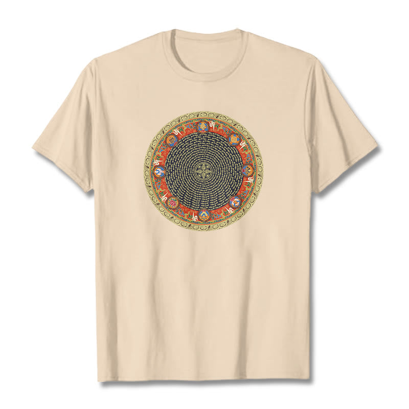T-shirt en coton avec huit symboles de bon augure et Buddha Stones circulaires Om Mani Padme Hum