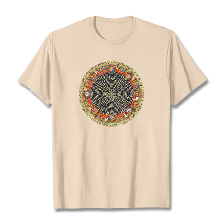 T-shirt en coton avec huit symboles de bon augure et Buddha Stones circulaires Om Mani Padme Hum