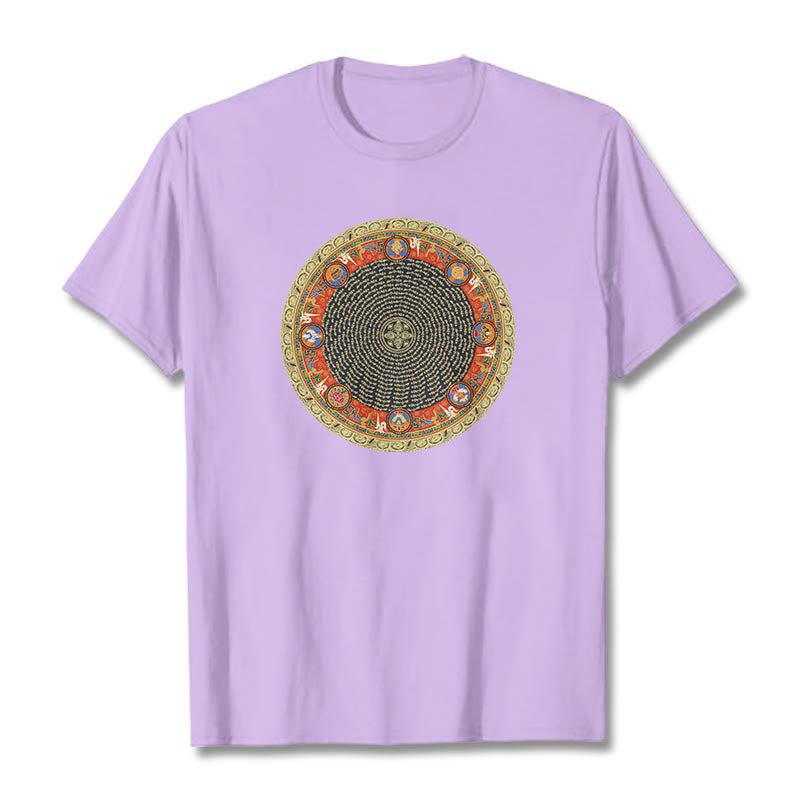 T-shirt en coton avec huit symboles de bon augure et Buddha Stones circulaires Om Mani Padme Hum