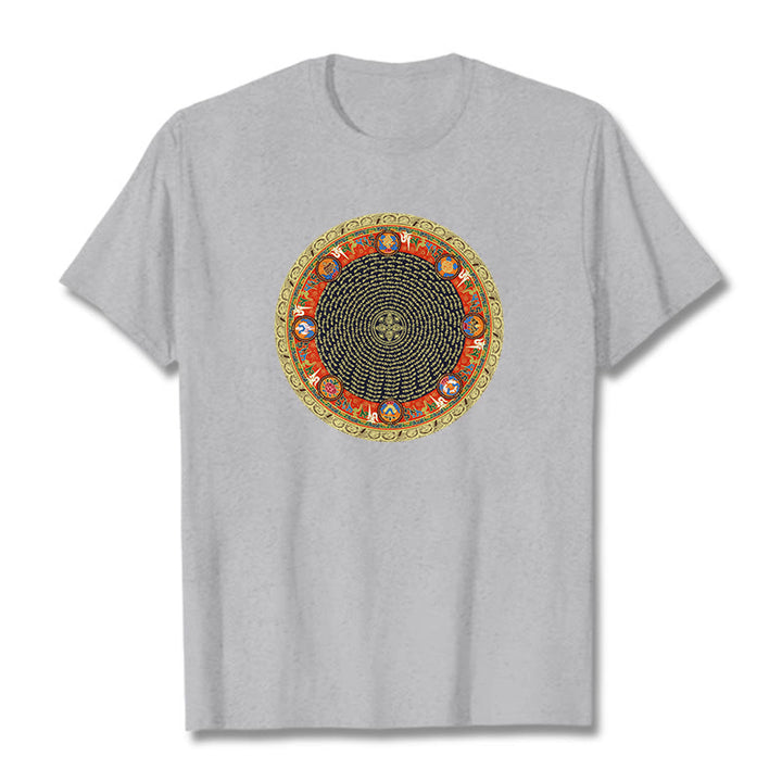 T-shirt en coton avec huit symboles de bon augure et Buddha Stones circulaires Om Mani Padme Hum