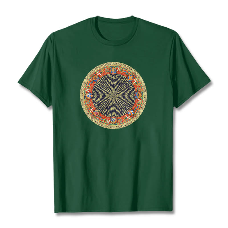 T-shirt en coton avec huit symboles de bon augure et Buddha Stones circulaires Om Mani Padme Hum