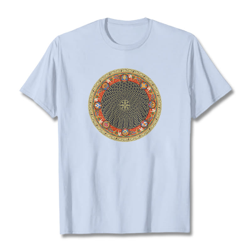 T-shirt en coton avec huit symboles de bon augure et Buddha Stones circulaires Om Mani Padme Hum