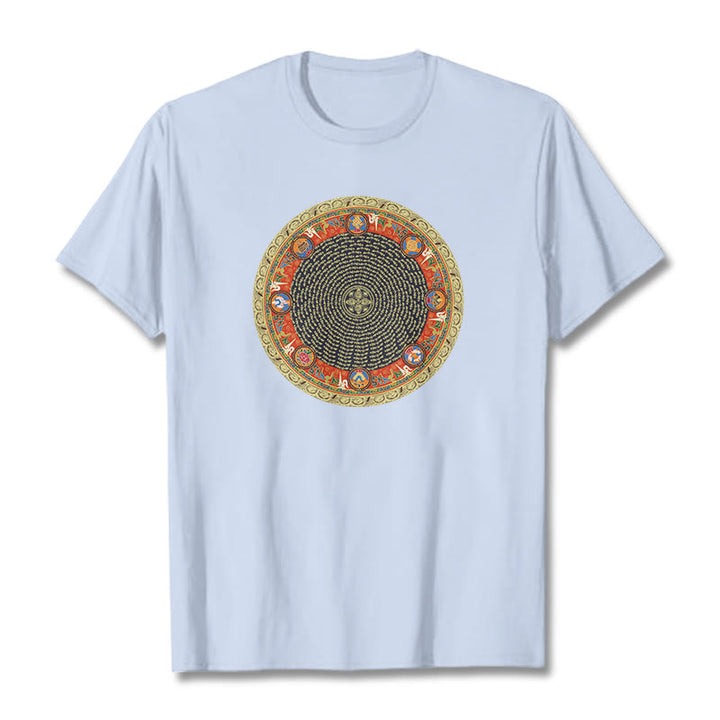 T-shirt en coton avec huit symboles de bon augure et Buddha Stones circulaires Om Mani Padme Hum