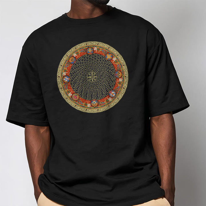 T-shirt en coton avec huit symboles de bon augure et Buddha Stones circulaires Om Mani Padme Hum